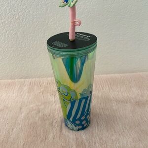 Starbucks Green and Blue Tumbler with Pink Straw